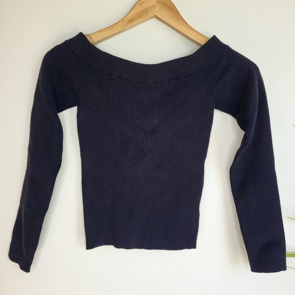 Express Body Contour Collection Off Shoulder Black Ribbed Sweater - Picture 1 of 9